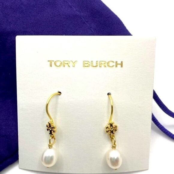 NWT Tory Burch Gold Logo French Wire Pearl Dangle Earings, Comes With Dust Bag - Picture 1 of 6